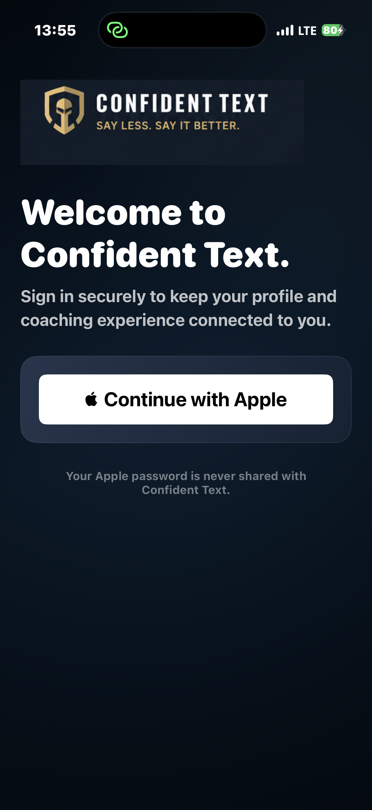 Confident Text sign-in screen