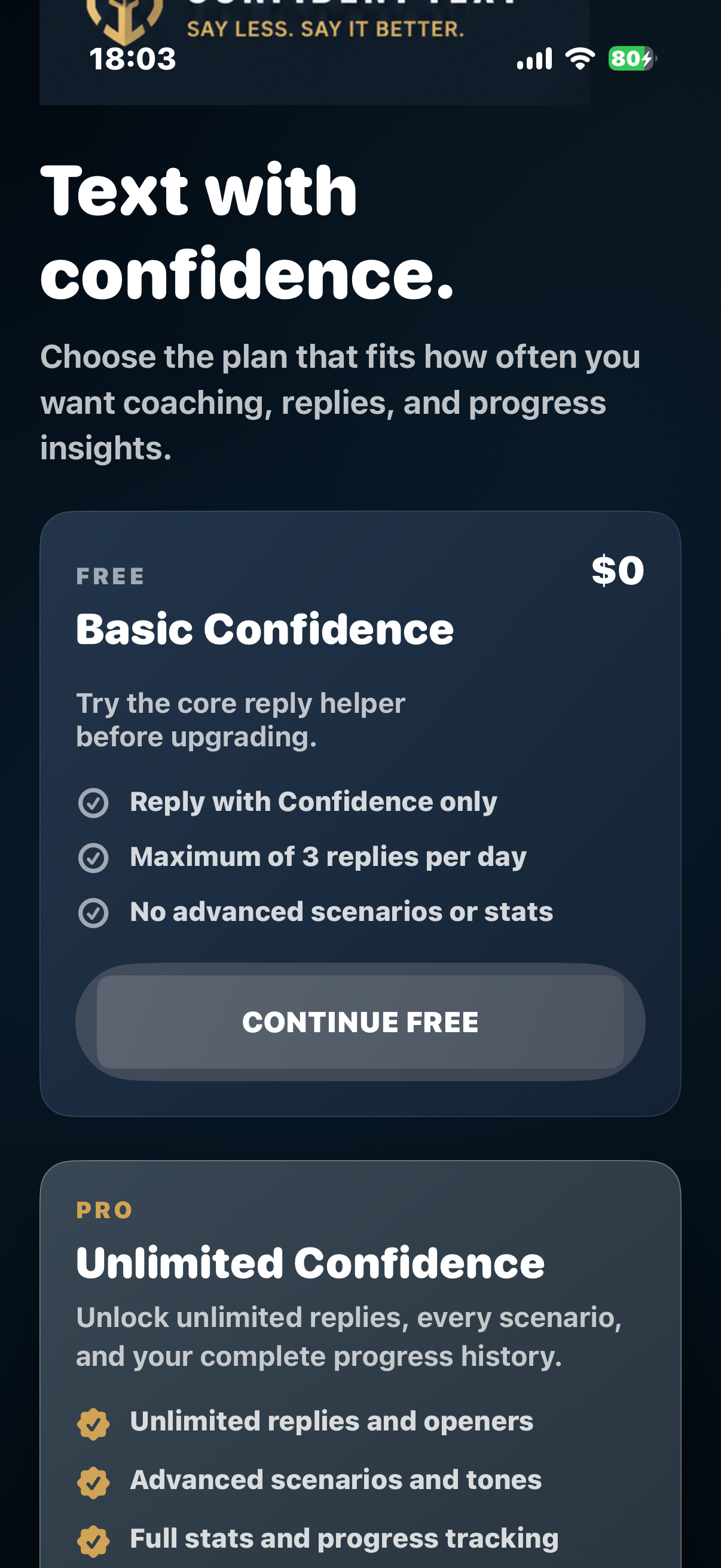 Confident Text plan screen